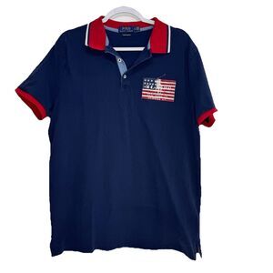 Polo Ralph Lauren Shirt Mens XL Custom Slim Navy Blue Big USA Flag Big Pony
